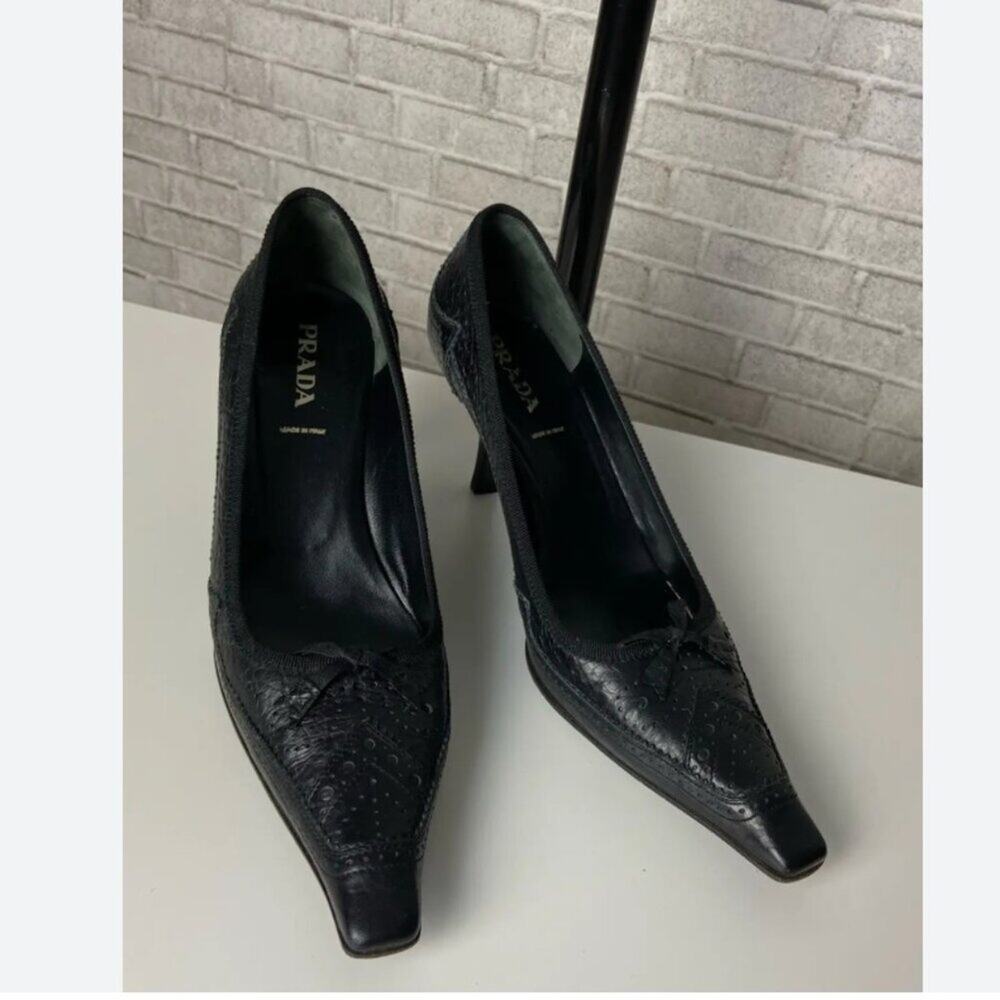 Prada 2003 archival low heel square toe pumps brogue heels leather shoes 38 - Picture 3 of 15